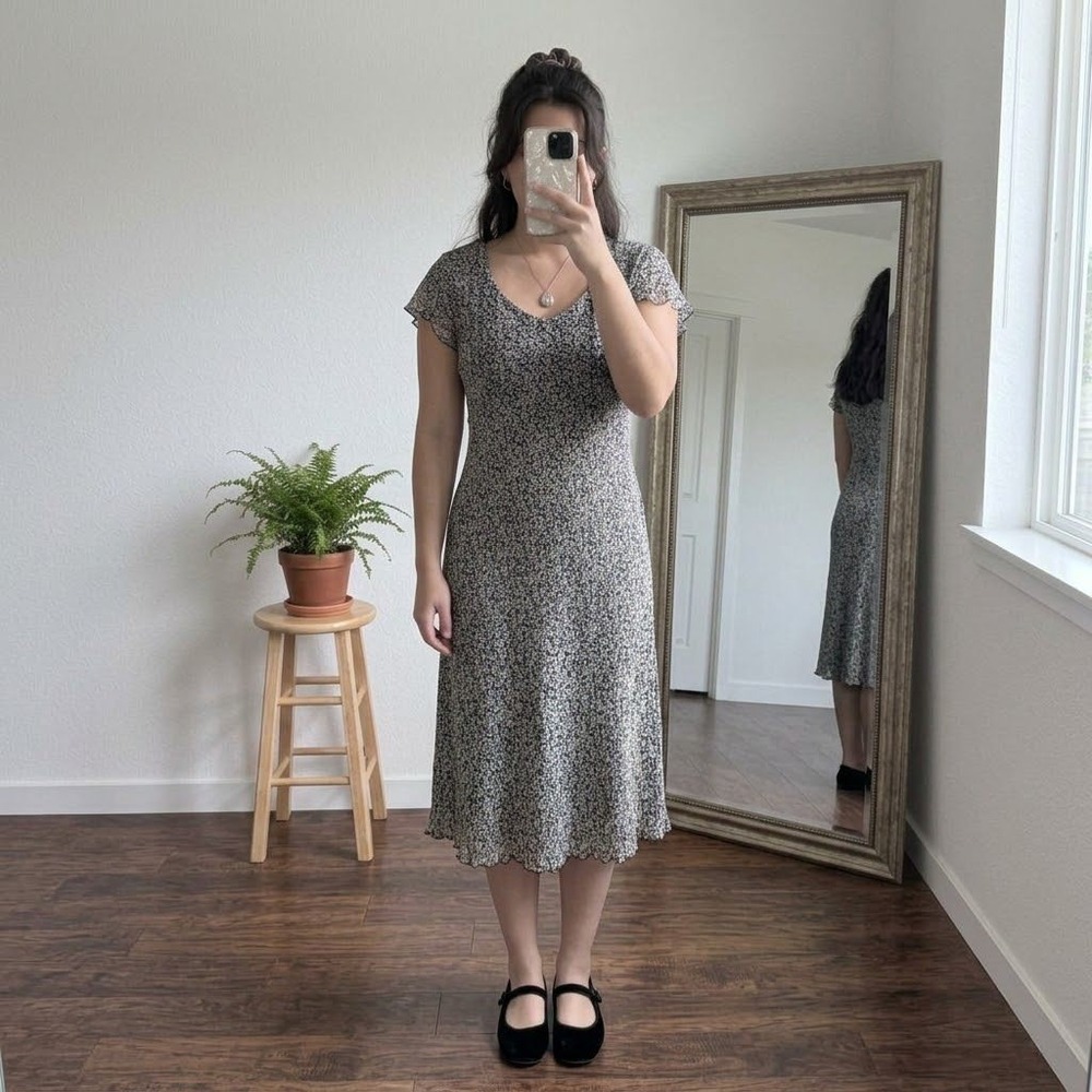 Live a Little VTG 90s Black Floral Rayon Midi Dress L Flutter Sleeve Romantic